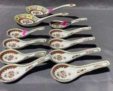 Asian Motif Porcelain Floral Soup Spoons, 11 Pieces