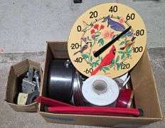 Household Items Including Outdoor Thermometer, Hamilton Beach Blender Base, and Cookware