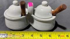 White Double Condiment Holder with Lids and Wood-Handled Spoons, 6″