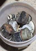 Plastic Bucket Containing Hardware, Fixtures, and Various Items