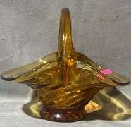 Amber Glass Basket with Swirled Base and Handle, 6x5x5″