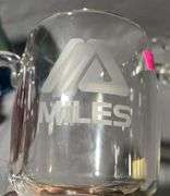 Etched Glass Pitcher and Two Mugs with Miles Logo