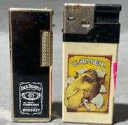 Camel & Jack Daniels Novelty Cigarette Lighters Featuring Branding and Graphics
