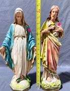 Religious Figurines Depicting Virgin Mary and Sacred Heart of Jesus chipped