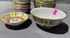 Asian Motif Bowls and Saucers with Multicolor Patterns, Lot of 24, 4-4.5″