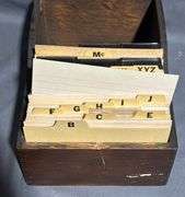 Wood Box with Index Cards and Wilton Cast Iron Matchbox Holder