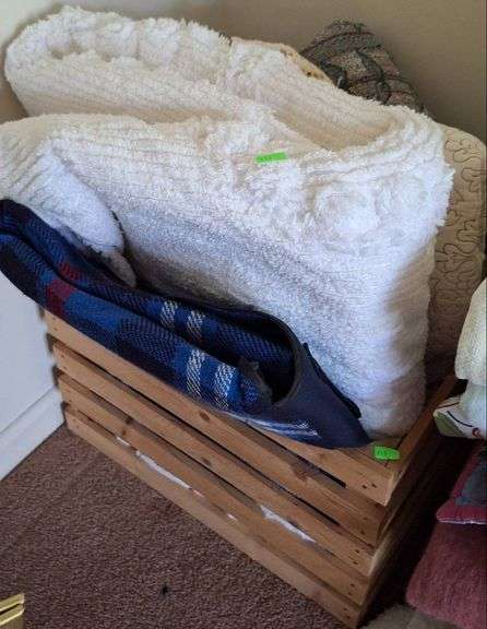 Wood Slatted Crate Containing Bedding and Throws - Metzger Property ...