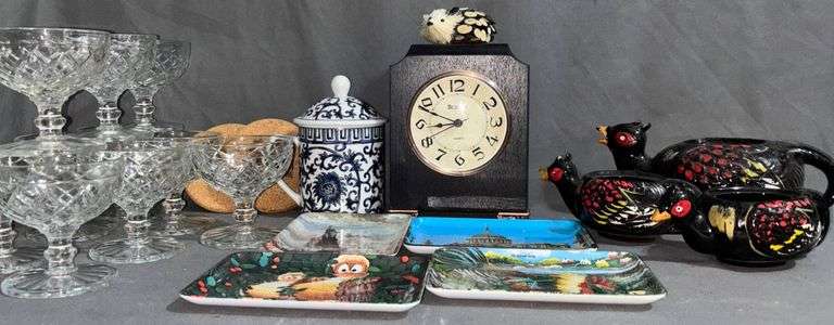Household Items Inc. Bulova Clock (7” H x 5.5” L x 3.25” W), Glassware ...