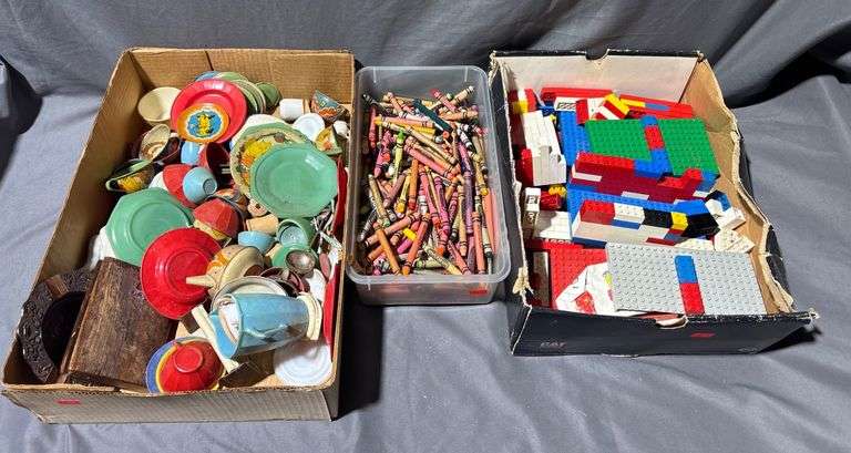 Children’s Play Dishes, Crayons, and Interlocking Building Bricks ...