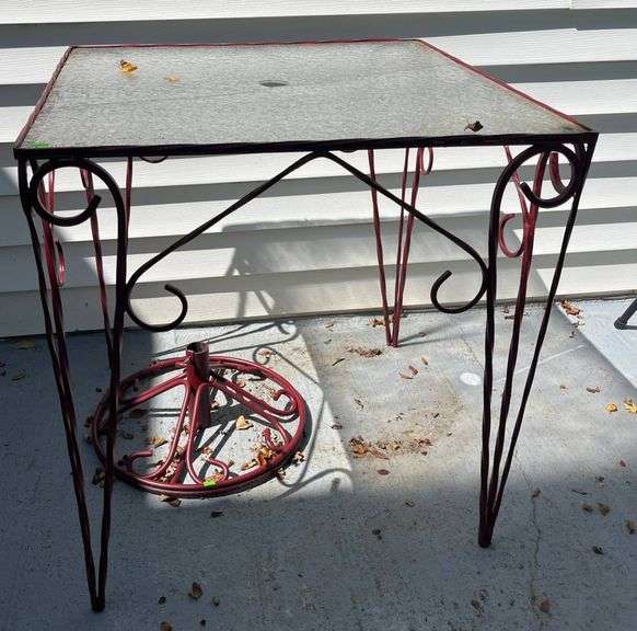 Red Metal Table with Glass Top, 29x29x30 - Metzger Property Services, LLC