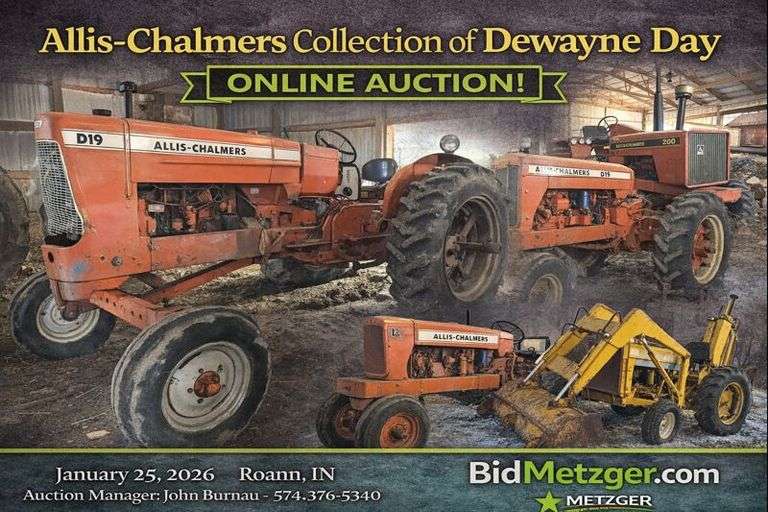 01.25.26 -- Allis-Chalmers Collection of Dewayne Day Online Auction! -- Allis Tractors, Combine, & Parts • Backhoe • Ford 600 Truck • Farm Implements -- Roann, IN