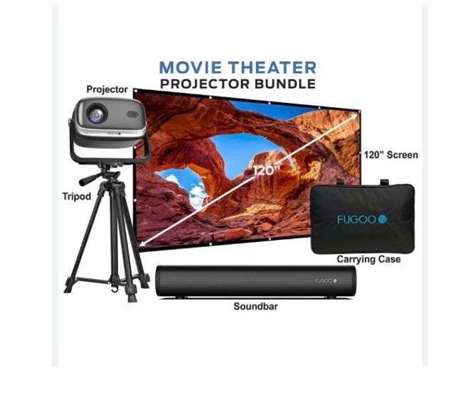 Fugoo Movie Theater Projector Bundle with Soundbar and 120-Inch Screen ...