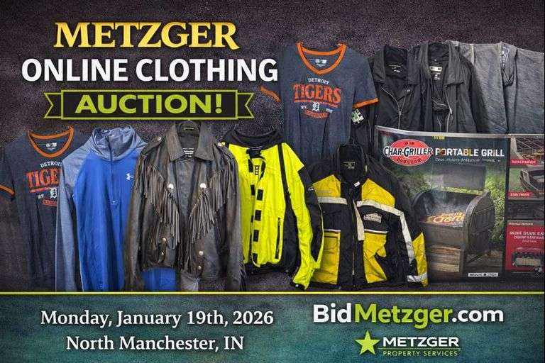 01.19.26 -- METZGER ONLINE CLOTHING AUCTION! -- Clothing of All Types! Suits, Jeans, Athletic & Snow Gear, Leather Jackets, Hunting, Dresses, Shirts, Motorcycle Clothing with Brands inc. Under Armour, Wrangler, Levi's, Hagger, Adidas & More! -- N. Manchester, IN