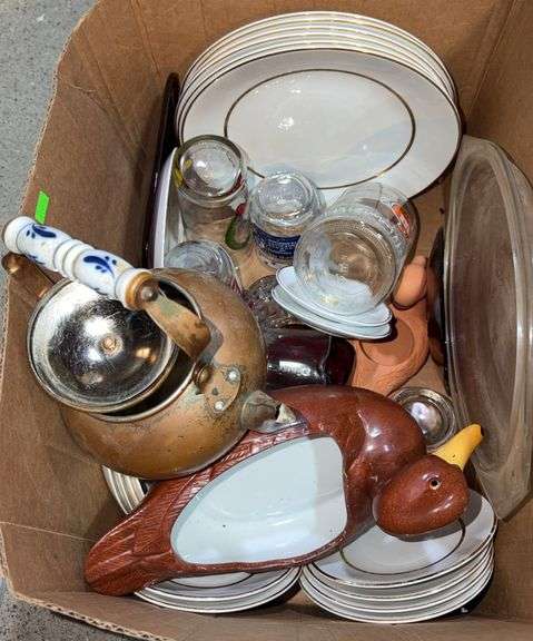 Box Lot: Plates, Glassware, Teapot, Duck Tray - Metzger Property ...