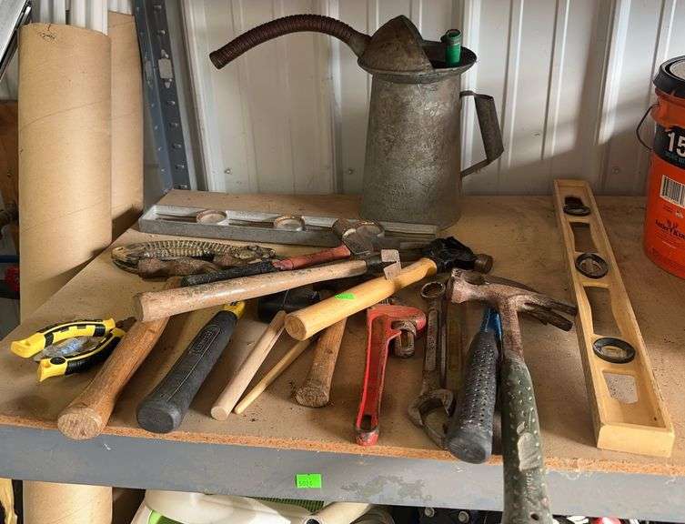 Multiple Hammers, Pipe Wrench, Tape Measure, Metal Oil Can, Two Spirit ...
