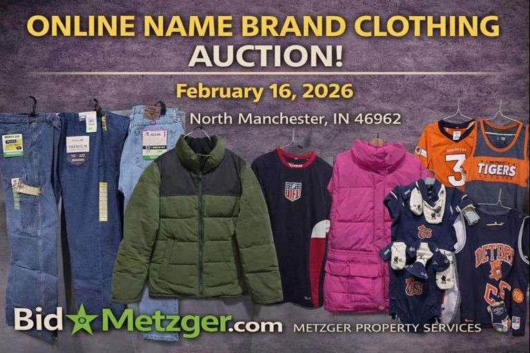 02.16.26 -- METZGER ONLINE CLOTHING AUCTION! -- Clothing of All Types! Coats, Suit Jackets, Athletic Gear, Dress Pants, Jeans, Winter Apparel with Brands inc. Wrangler, Van Heusen, Levi, Polo, Under Armour, Puma, Reebok, Adidas & More! -- N. Man., IN