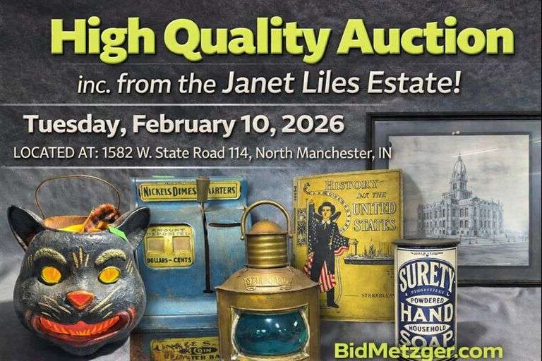 02.10.26 -- Metzger Online Auction! -- High Quality Auction inc. from the Janet Liles Estate! -  Antiques & Primitives • Art & Samplers • Vintage Purses & Jewelry inc. Bakelite, Gucci • Glassware • Lg. Qty. Books  • Electronics & Cameras • Area Rugs & Textiles inc. Navajo • Auto Advertising & Manuals • Vintage Barbie Doll Collection, Atari, Games, Hot Wheels, Toys • Quilts, Sewing Notions • Lamps • Precious Moments • Home & Holiday Décor & More! -- N. Man., IN