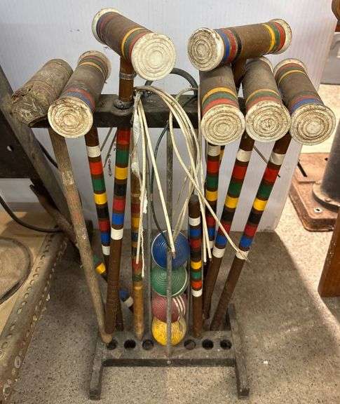 Croquet Mallets, Balls, and Rack with Multicolored Detailing, 27 ...