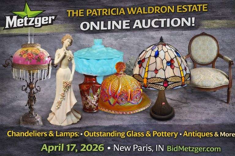 04.17.26 -- The Patricia Waldron Online Estate Auction! -- Crystal Chandeliers & Lamps: Figural, Tiffany Style, Dale Tiffany, Bradley & Hubbard • Massive Glass, Figurines, & Pottery Collection • Sewing Machines & Notions • Stained Glass • Watches & Jewelry • Music Boxes • Oil Paintings • Quality Furniture • Electronics • Longaberger • Holiday Décor • Clothing inc. Vintage • Toys • Mobility Scooter • Household, Outdoor & More! -- New Paris, IN