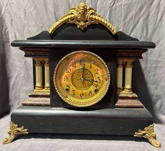 WM L. Gilbert Clock Co. Pillar Mantel Clock with Ornate Gold-Tone ...
