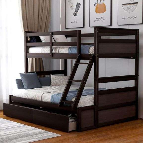 HARPER & BRIGHT DESIGNS - Espresso Twin over Full Wood Bunk Bed with 2 ...