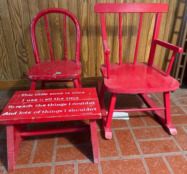 Red Rocking Stool Childrens Red Rocking Chair, Chair and Stool with Printed Text, 12.5x19 ...