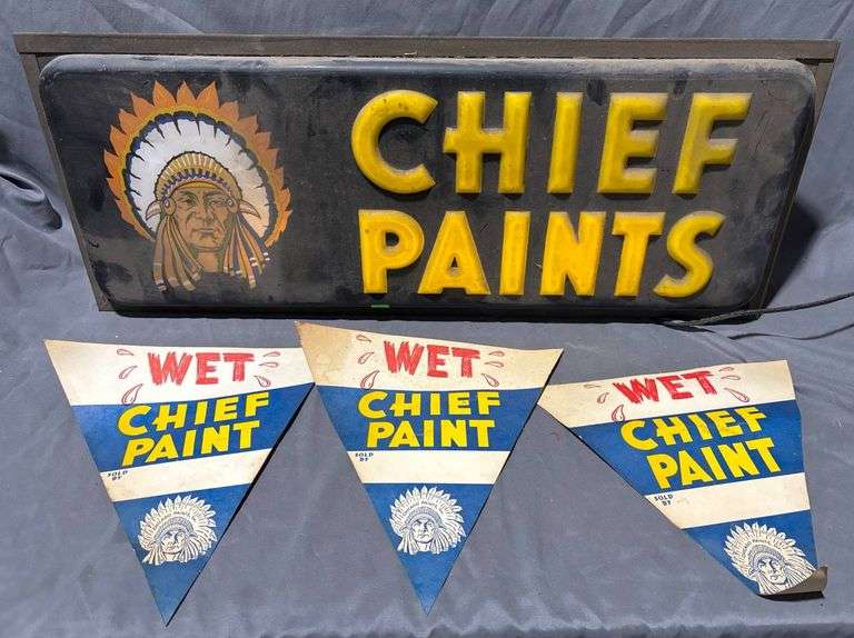 Illuminated Chief Paints Advertising Sign with 3 Paper Pennant Banners ...