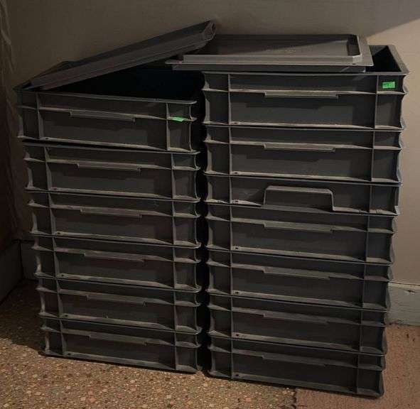 13 Gray Plastic Stackable Totes with Lids - Metzger Property Services, LLC