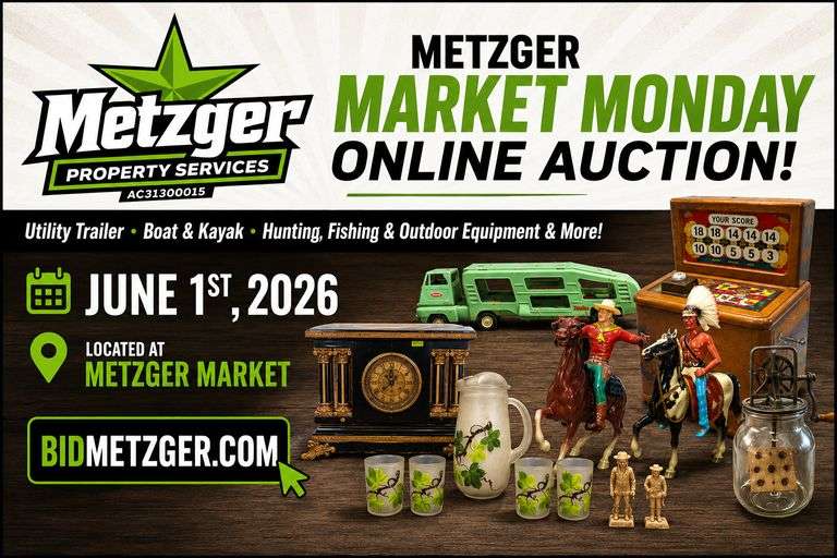 06.01.26 -- Metzger Market Monday Online Auction! -- Utility Trailer • Boat & Kayak • Hunting & Fishing  • Wildlife Prints inc. Redlin • Decanters • MCM Pcs. • Vintage Toys: Large Western Toy Coll., Barbies, Paper Dolls • Lawn Equip. • Glass, Pottery • Lg. Jewel Tea Coll. • Early Books inc. Gene Stratton Porter • Fur Clothing • Quality Furniture • New Merchandise • Household, Outdoor, Holiday Décor & More! -- N. Man., IN