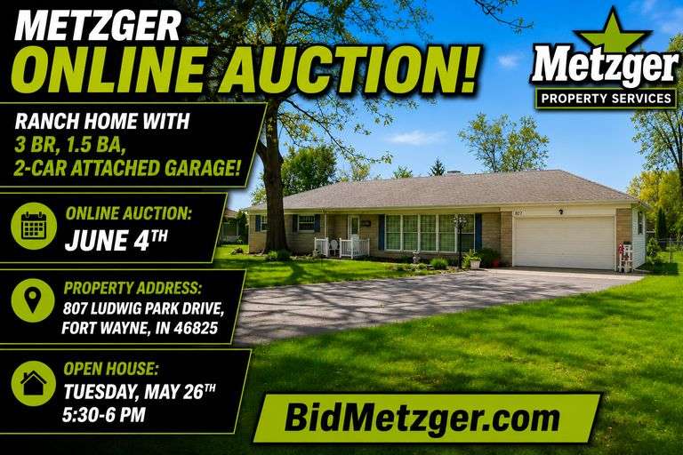 06.04.26 -- Metzger Online Real Estate Auction! --  Move-in Ready Limestone Ranch Home with 3 Bedrooms, 1.5 Baths, 2-Car Attached Garage & Partially Fenced Yard! -- Fort Wayne, IN