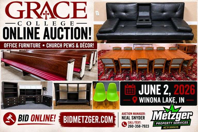 06.02.26 --  Grace College Online Auction!  -- Office Furniture: Desks, Conference Tables, Storage, Lobby & Office Chairs, Shelving • Screens & Whiteboards • Church Pews & Décor! -- Winona Lake, IN