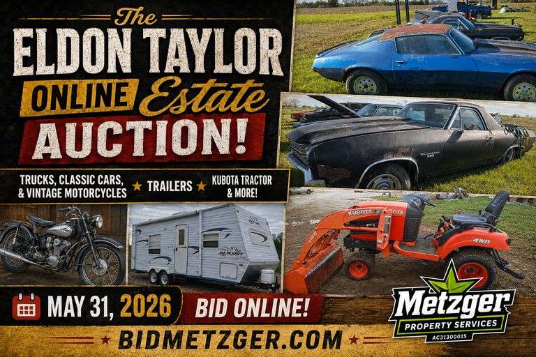 05.31.26 -- The Eldon Taylor Online Estate Auction! -- Trucks, Classic Cars, & Vintage Motorcycles • Trailers •  Kubota Tractor & Attachments • Huge Qty. Auto Parts: Motors, Transmissions, Decals, Doors, Tailgates, Lights, Hoods, Mirrors, Assemblies, Tires • Shop & Mechanic Tools inc. Snap-on, Matco, Craftsman • Garden Tractors & Lawn Equipment • Gas Engines • Ladders, Hardware • Auto Manuals • Advertising • Scrap Metal • New Merchandise & More! -- Wabash & N. Manchester, IN