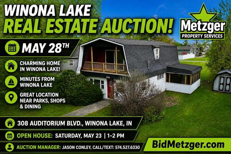 05.28.26 -- Winona Lake Real Estate Auction! -- 3-bedroom, 1.5-bath Home on Winona Lake’s Island is situated on a Spacious Double Lot!