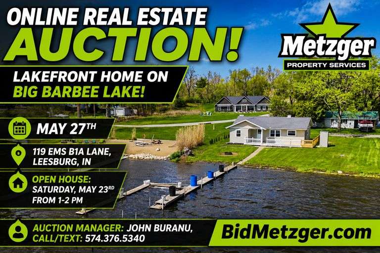 05.27.26 -- Lakefront Home Selling at Online Real Estate Auction! -- Completely Remodeled Lakefront Home on Big Barbee Lake with 99.5' of Lake Frontage featuring 2 Bedrooms, Large Double Lot & the Pier Stays! -- Leesburg, IN