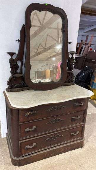 Antique Marble-Top Dresser with Mirror and Candle Holders - 44x22x65 - Metzger Property Services, LLC Antique Marble-Top Dresser with Mirror and Candle Holders - 44x22x65 - Metzger Property Services, LLC