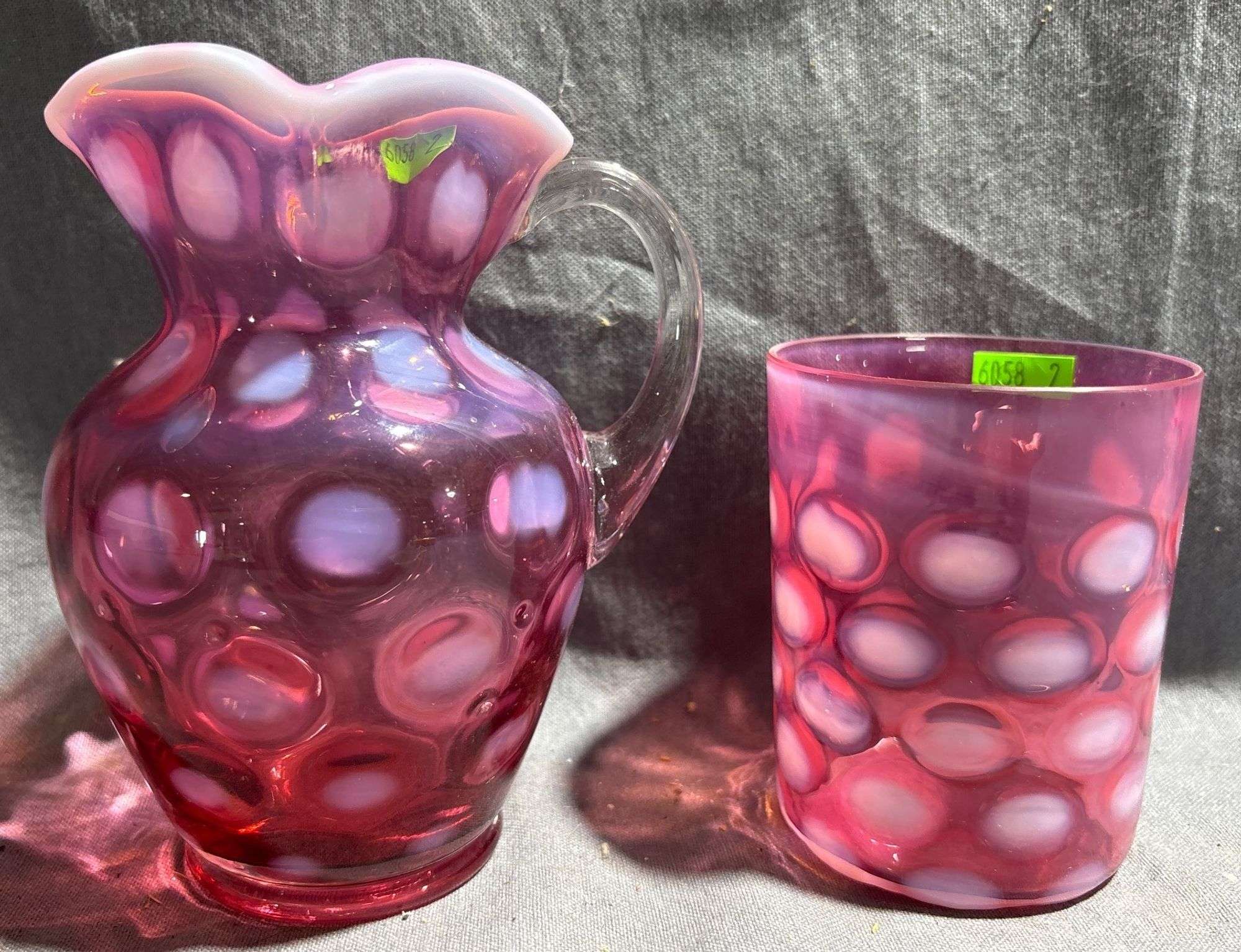 Fenton Cranberry Glass Pitcher and Tumbler with Opalescent Coin