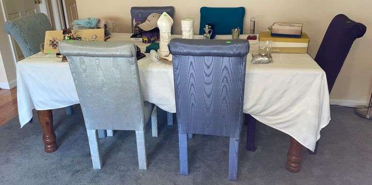Dining Table with Turned Legs and 6 Varied Upholstered Chairs. Contents on Table NOT Inc.; 78”x40”x30” and 18"H