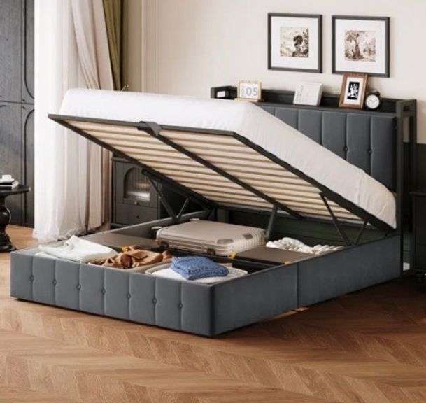 Bayka Hydraulic Upholstered Lift-Up Storage Platform Bed Frame, King Size