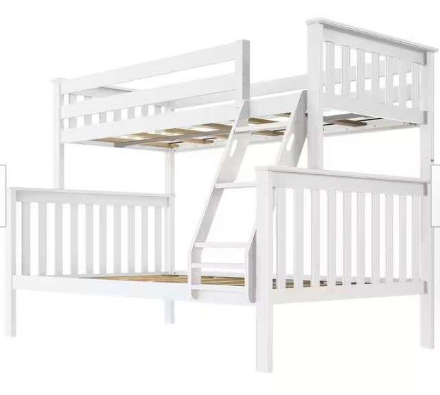 Wood Bunk Bed with Ladder, Model DA7499W, Twin Over Full, White Finish