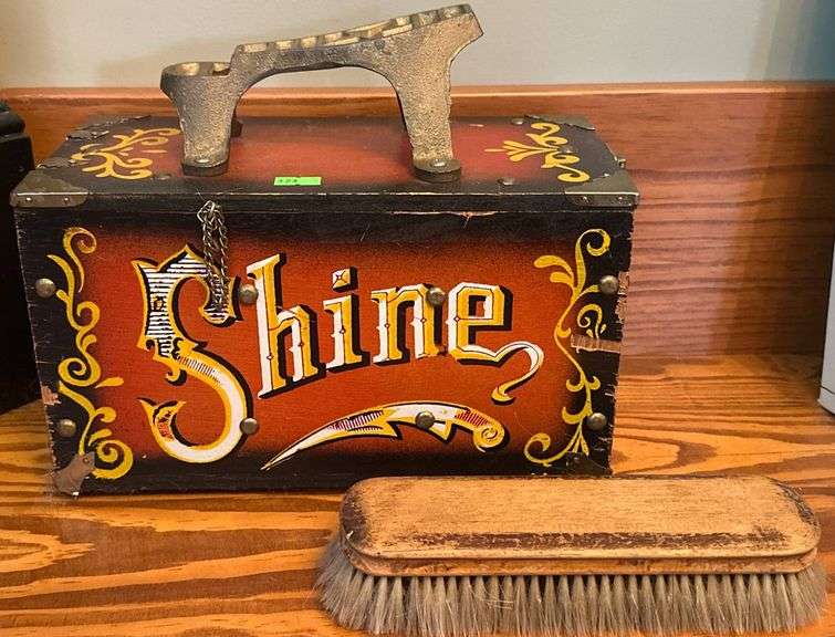 Metal Shoe Shine Box with Painted Lettering and Brush, marked 1933