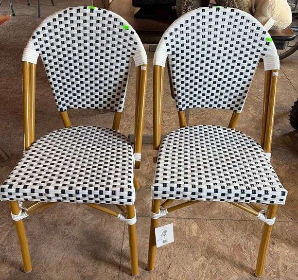 Bistro-Style Chairs With Woven Black & White Seats and Backs, Bamboo-Style Frames, 17”x17”x34”