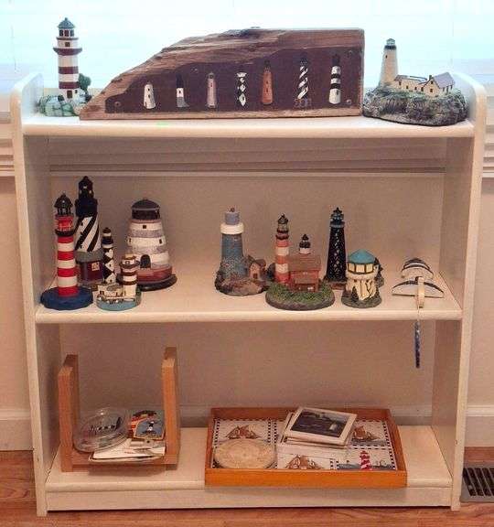 White 3-Shelf Display Unit with Lighthouse Figurines and Nautical Items – Shelf: 28.5″x8″x28.5″
