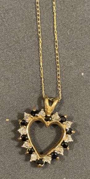 10K Gold Heart Pendant Necklace with Dark and Clear Stones; 19"