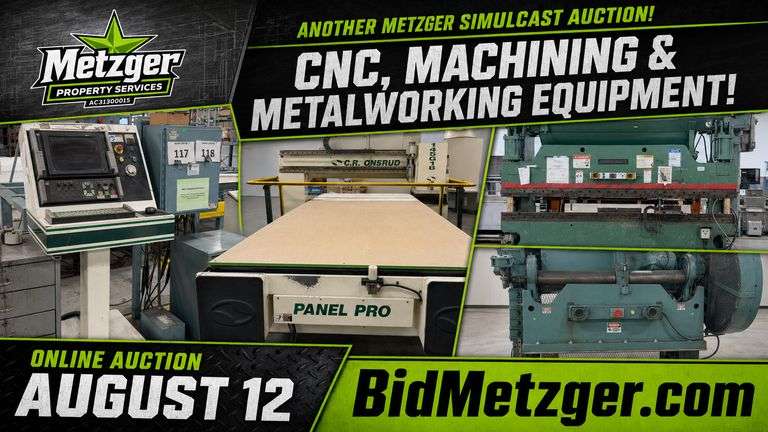 08.12.26 -- Metzger Large Industrial Machinery Auction! -- Virtual Online Simulcast inc. Hot Melt Glue Laminator & Pump - Gateway Block Foam Cutting Machine - Onshrud Router w/ Vacuum Table - 10' Accupress Shear - Finn Power P5 - Pressbrake - Stamping & Punch Presses - Hydro Floor Scrubber - Kaeser Desiccant Dryer - Welders & More!   Marion, IN