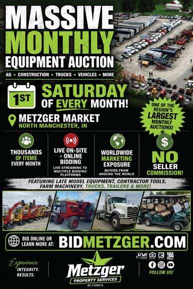 09.05.26 -- Metzger's Equipment & Vehicle Live and Online Simulcast Auction! -- Vehicles - Tractors - Farm & Livestock Equipment - Trailers & More! -- N. Man, IN