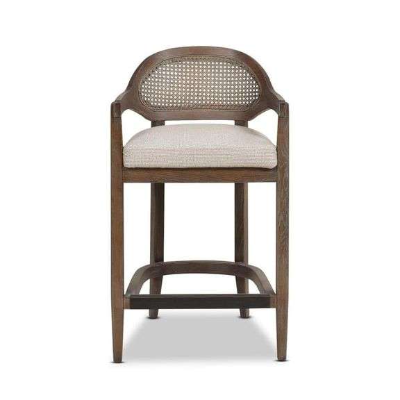 JENNIFER TAYLOR - AMERICANA 26 IN. MID-CENTURY MODERN OAK WOOD FRAME CANE RATTAN BACK KITCHEN COUNTER HEIGHT BAR STOOL IN TAUPE BEIGE