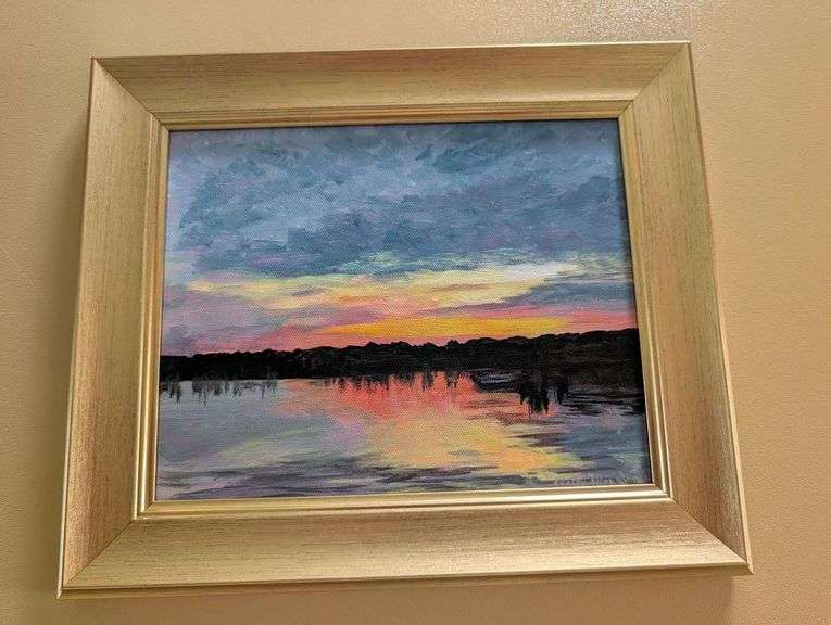 Framed Painting of a Beaver Dam Lake Sunset by Resident Artist Patty MacInnis