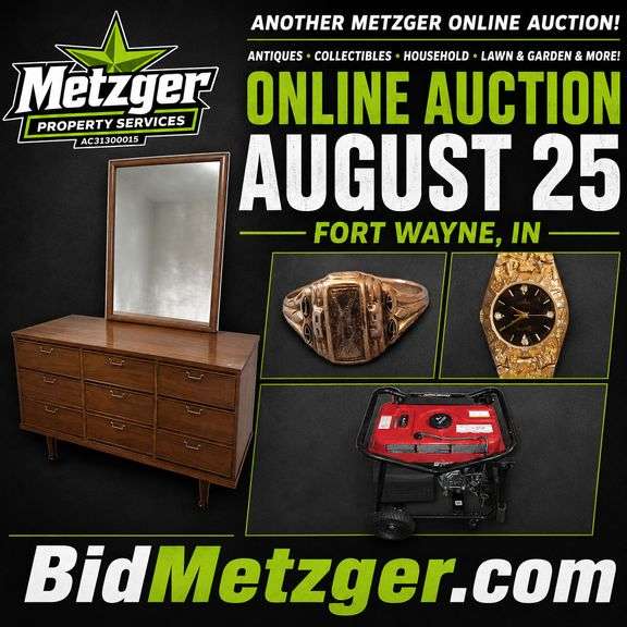 08.25.26 -- Metzger Online Auction! -- 1975 Starcraft Runabout Boat & Trailer • Furniture inc. MCM • Vintage Clothing • Electronics, Turn Tables, Movies, DVDs • Jewelry, Watches, Purses • Puzzles, Games, Fisher-Price, Barbies, Raggedy Ann, Marbles, Trucks • Pyrex, Corningware, Glassware • Cast Iron • Generator • Tools • Lawn Equip. & Outdoor Furniture • Home, Holiday Decor & More! -- Fort Wayne, IN