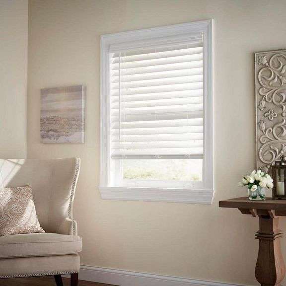 HOME DECORATORS COLLECTION - WHITE CORDLESS PREMIUM FAUX WOOD BLINDS WITH 2.5 IN. SLATS - 62.5 IN. W X 72 IN. L (ACTUAL SIZE 62 IN. W X 72 IN. L)