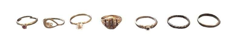 10K Gold Class Ring, Sterling Ring, and 5 Costume Jewelery Rings (sizes unknown)